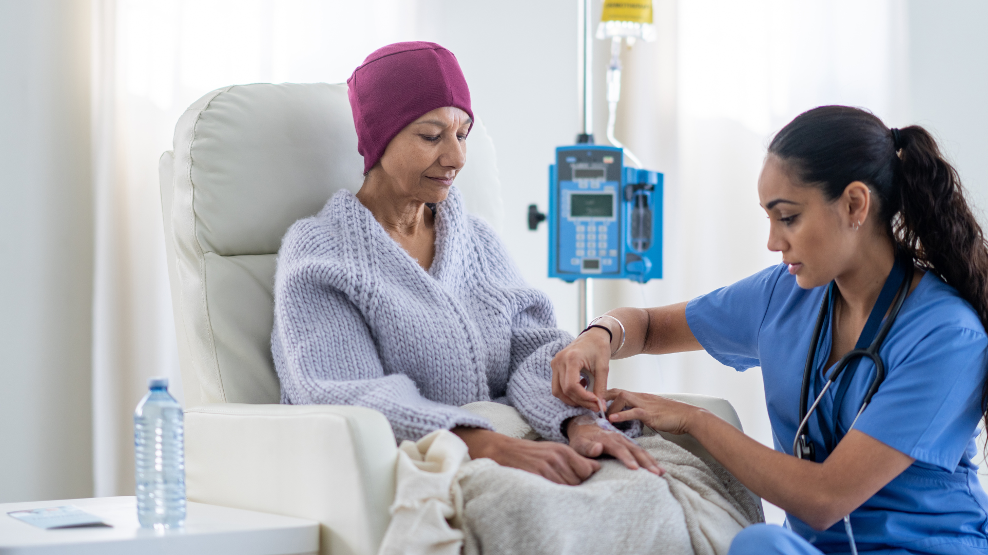 A patient receiving local outpatient infusion therapy at Helen Newberry Joy Hospital in Michigan's Upper Peninsula.